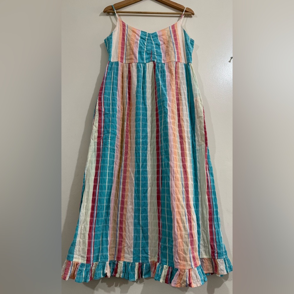 THML Turquoise Pink Coral Striped Ruffle-Hem Maxi Dress